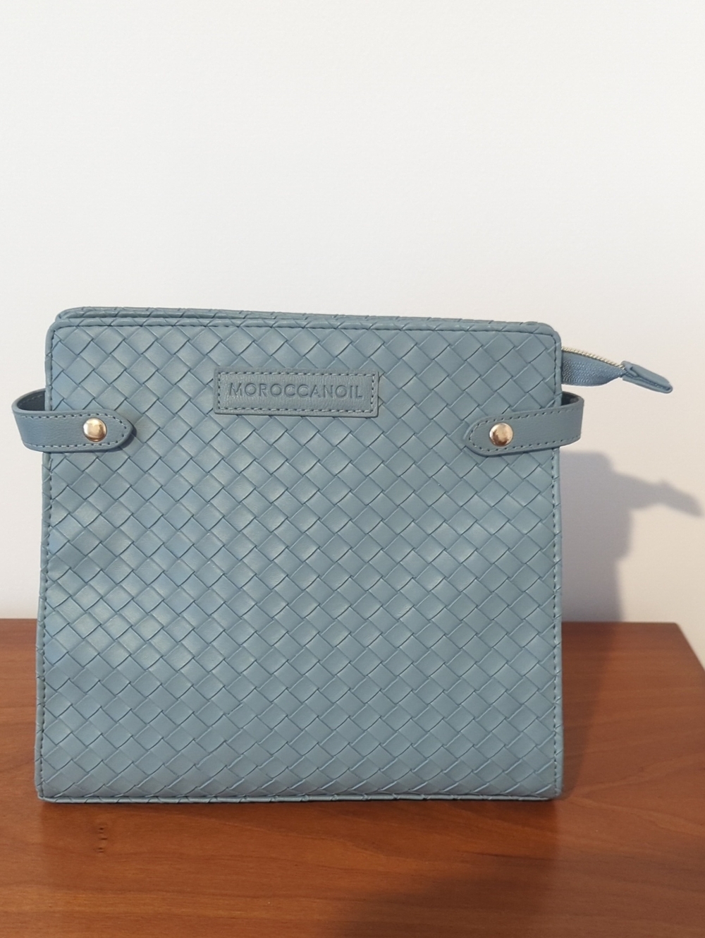 Moroccanoil Woven Sky Blue Cosmetic Pouch with Gold Accents